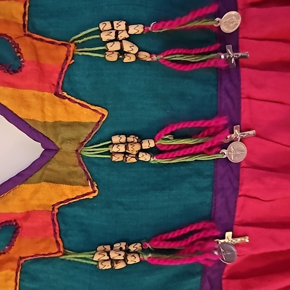 VTG OPUS 1 1970s Mexican Pink Patchwork Horn Beaded Fringe Boho Festival Dress - Picture 7 of 16